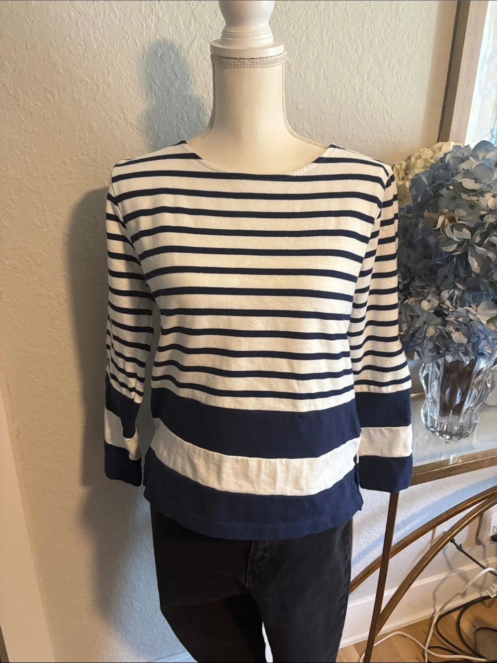 Piombo Navy and White Striped Nautical Long Sleeve Top or light sweatshirt.